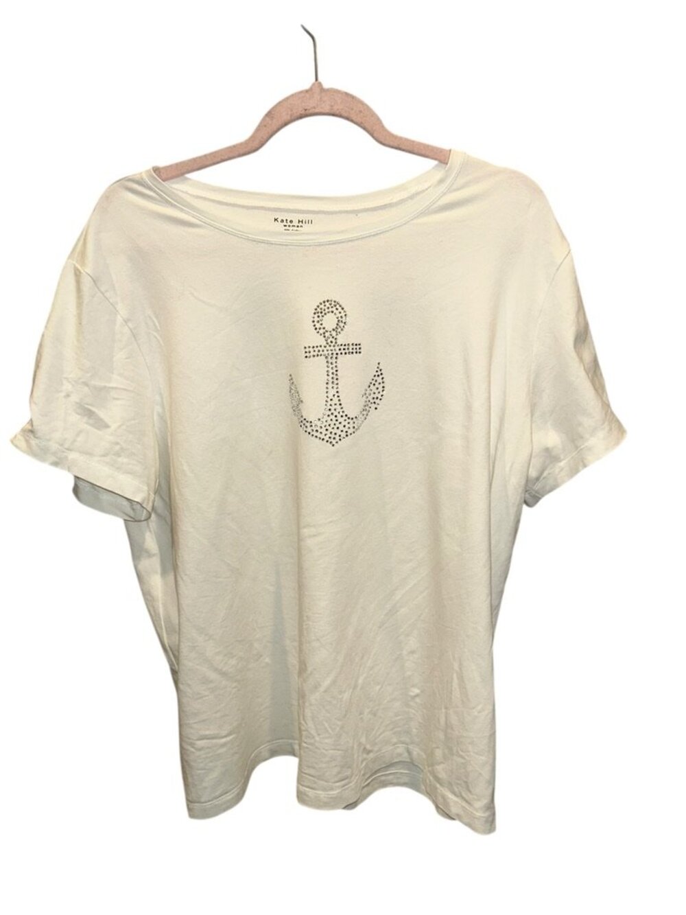 Kate Hill Woman silver embellished anchor nautical t-shirt top 2X